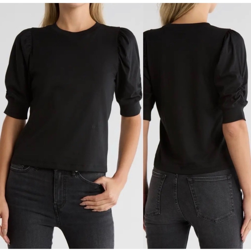FRAME Frankie Ruched Puff Sleeve Black Organic Cotton Medium Crewneck T Shirt